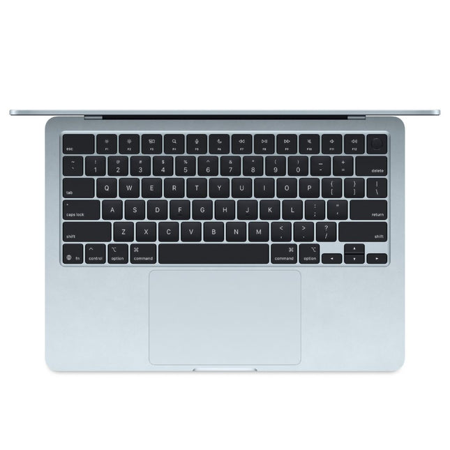 MacBook Air 13-inch 2025 M4, sky blue, open top-down keyboard view