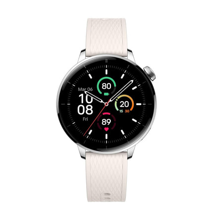 OnePlus Watch 3, silver case with white band, angled front view showing watch face
