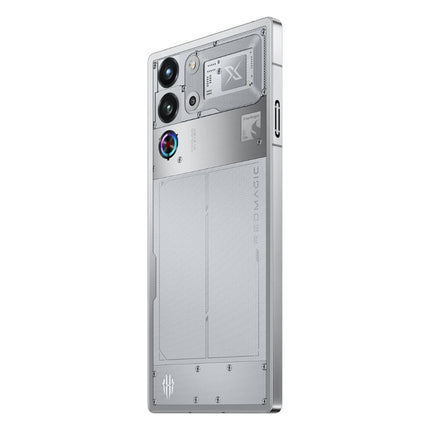 REDMAGIC 10 Pro, silver/transparent, back view showing camera and cooling vent