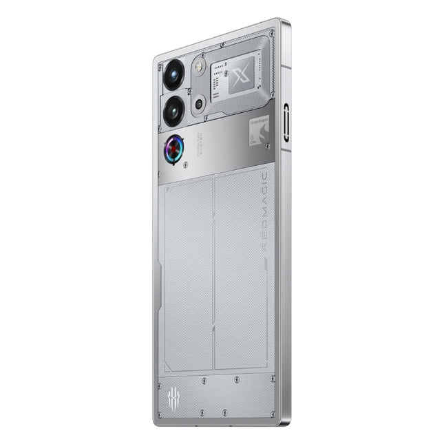 REDMAGIC 10 Pro, silver/transparent, back view showing camera and cooling vent