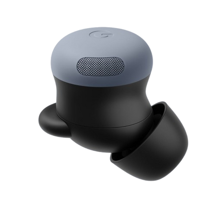 Google Pixel Buds Pro 2, blue/slate, single earbud angled close-up view