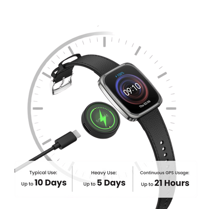 Amazfit Active 2, infographic showing battery life specs with watch charging illustration