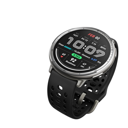 Amazfit Active 2, silver case with black sport band, angled front view showing fitness watch face