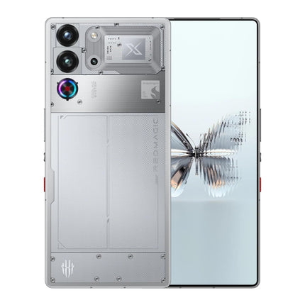 REDMAGIC 10 Pro, silver/transparent, front and back view pair showing butterfly design