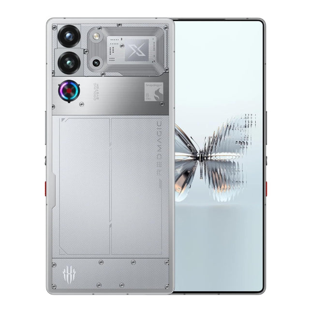 REDMAGIC 10 Pro, silver/transparent, front and back view pair showing butterfly design