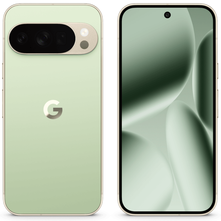 Google Pixel 10 Pro, sage green, rear and front view pair