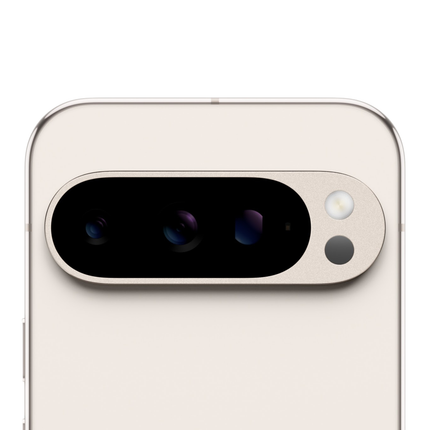 Google Pixel 9 Pro, porcelain/white, closeup of rear camera module angled
