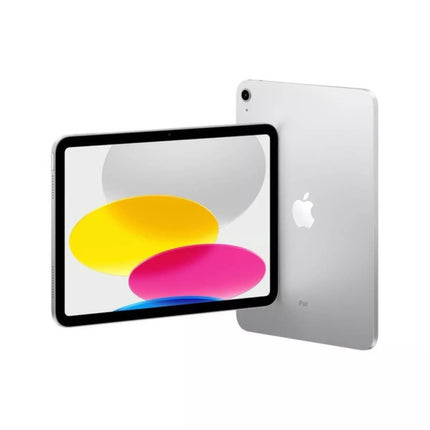 Apple iPad 11-inch (2025, 11th Gen), silver, angled front view with colorful wallpaper