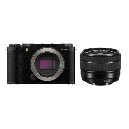 Fujifilm X-M5, black, front view body only with detached XC 15-45mm lens beside it