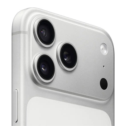 Apple iPhone 17 Pro Max, white/silver, rear view showing triple-camera system