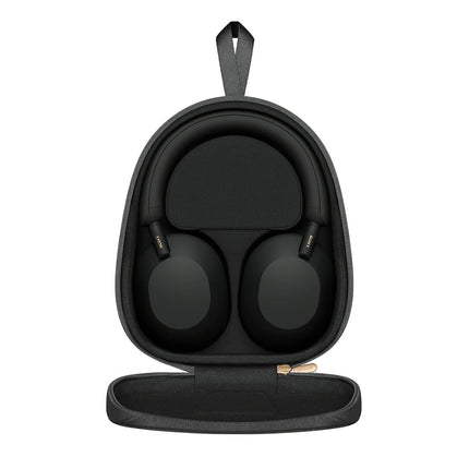 Sony WH-1000XM5, black, top-down view in open carry case