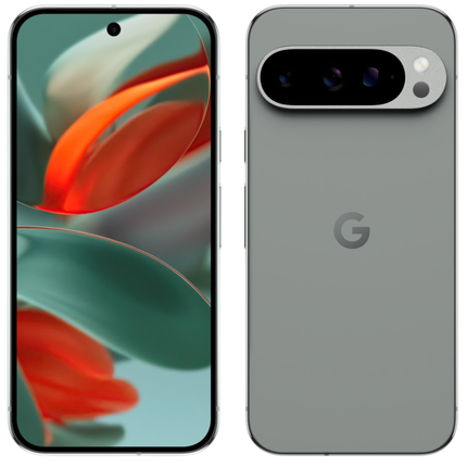 Google Pixel 9 Pro, hazel/green-gray, front and back view pair