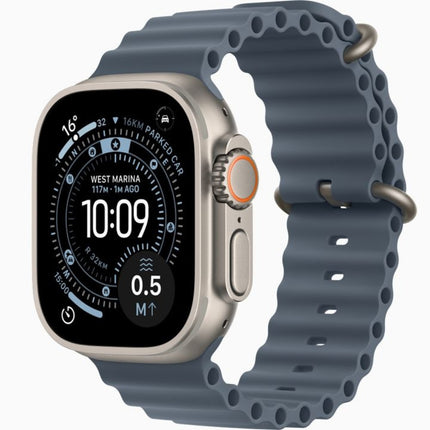 Apple Watch Ultra 3 49mm, natural titanium with blue ocean band, front display on