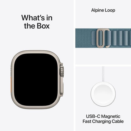 Apple Watch Ultra 3 49mm, box contents card: watch body, alpine loop band, USB-C magnetic cable