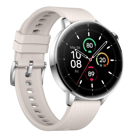 OnePlus Watch 3, silver case with white band, front view showing fitness watch face