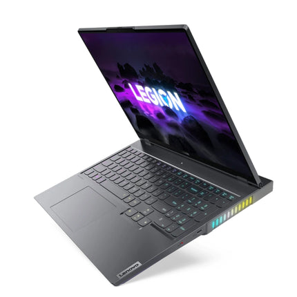 Lenovo Legion 7i 16-inch Laptop, gray, angled top view open showing LEGION screen