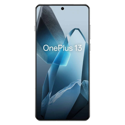 OnePlus 13, blue, front view with screen on showing brand name