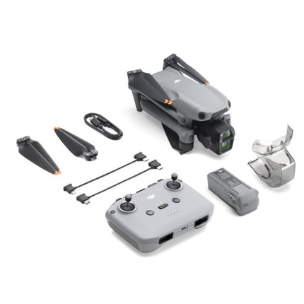 DJI Air 3S, grey, box contents spread: drone, remote controller, battery, cables, accessories