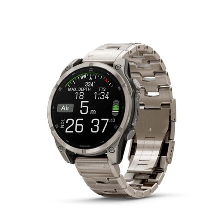 Garmin Fenix 8 Smartwatch, titanium with titanium bracelet, display on showing dive data
