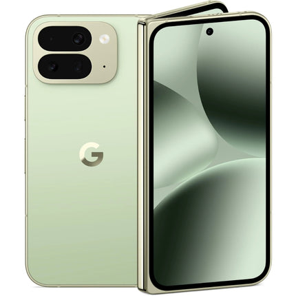 Google Pixel 10 Pro Fold, light green, front open view with rear showing