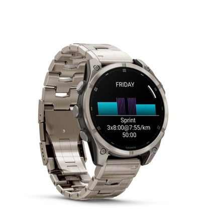 Garmin Fenix 8 Smartwatch, titanium with titanium bracelet, display on showing activity data