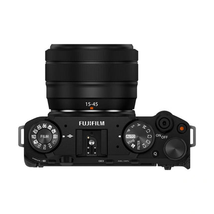 Fujifilm X-M5, black, top-down view with XC 15-45mm lens attached