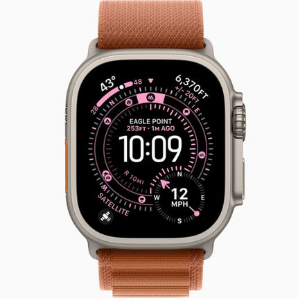 Apple Watch Ultra 3 49mm, natural titanium with brown trail loop, front display on