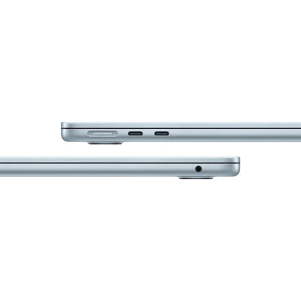 MacBook Air 13-inch 2025 M4, sky blue, closed side view showing ports