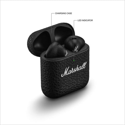 Marshall Minor IV True Wireless Earbuds, black, earbuds in open charging case with callouts