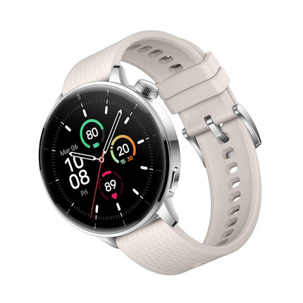 OnePlus Watch 3, silver case with white band, angled top view showing watch face and crown