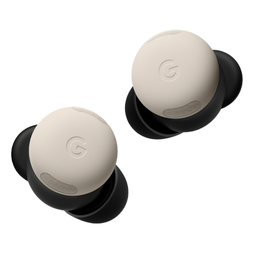 Google Pixel Buds Pro 2, beige/porcelain, two earbuds angled view