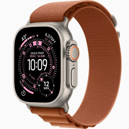 Apple Watch Ultra 3 49mm, natural titanium with brown trail loop, angled front view
