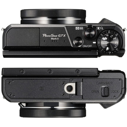 Canon PowerShot G7 X Mark II, black, top and bottom view showing top controls and base