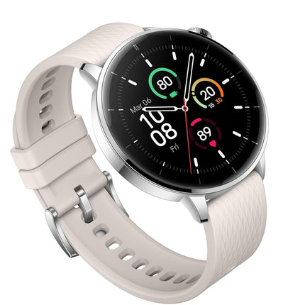 OnePlus Watch 3, silver case with white band, angled side view showing profile
