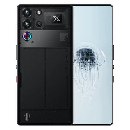 REDMAGIC 10 Pro, black, back and front view pair showing camera module and butterfly display