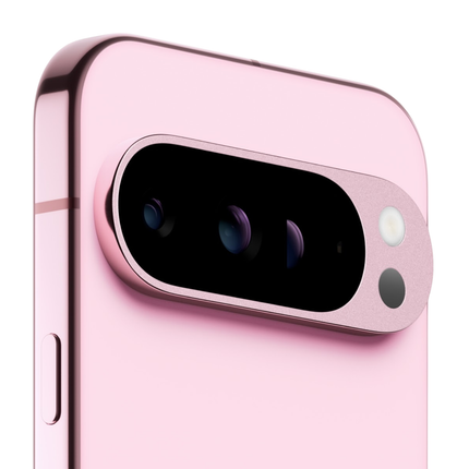Google Pixel 9 Pro, pink, closeup of rear triple camera bar