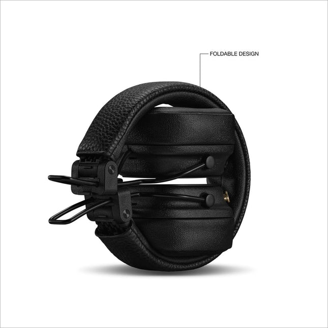 Marshall Major V Wireless On-Ear Headphones, black, folded view with infographic callout