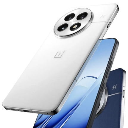 OnePlus 13, white and blue, angled back view showing two colour variants together
