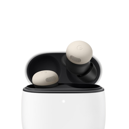 Google Pixel Buds Pro 2, beige/porcelain, earbuds in open charging case view