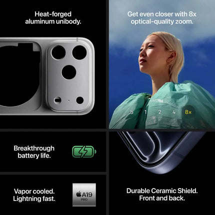 Apple iPhone 17 Pro Max, infographic: design, A19 chip, ceramic shield features