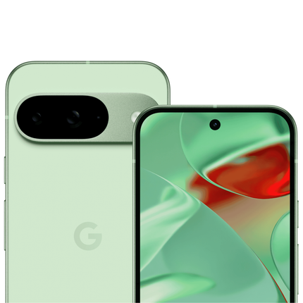 Google Pixel 9 5G, mint green, angled front and back view pair