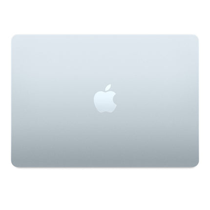 MacBook Air 13-inch 2025 M4, sky blue, closed lid top view with Apple logo