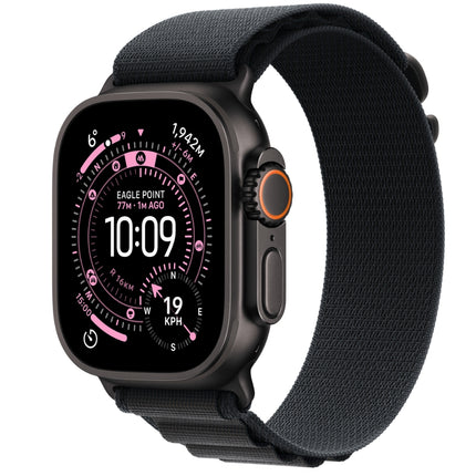 Apple Watch Ultra 3 49mm, black titanium with black trail loop, front display on