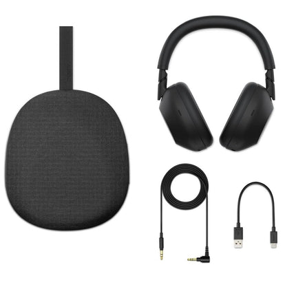 Sony WH-1000XM6, black, box contents flat lay with headphones, case, and cables
