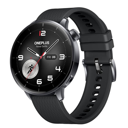 OnePlus Watch 3, black case with black band, front view showing watch face