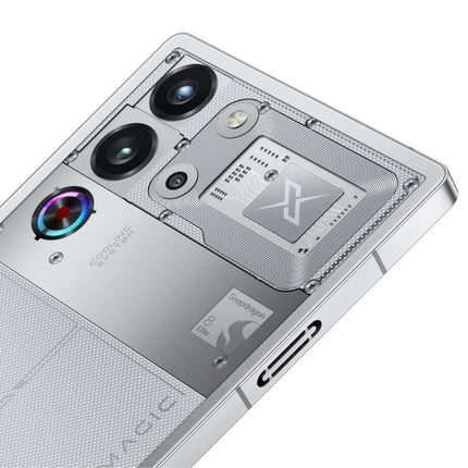 REDMAGIC 10 Pro, silver/transparent, angled back view close-up of camera and MAGIC text