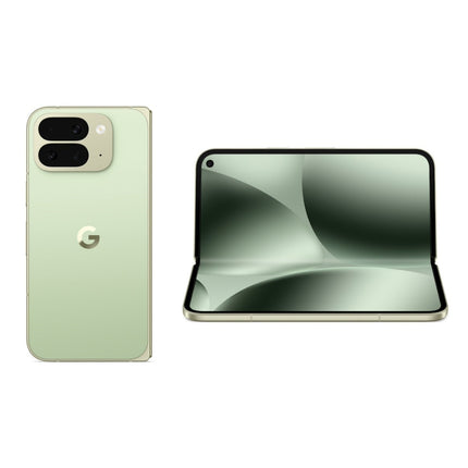 Google Pixel 10 Pro Fold, light green, rear panel and open tablet mode pair