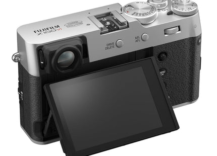 Fujifilm X100VI, silver/black, rear view with tilting screen open