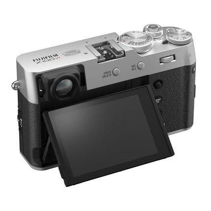 Fujifilm X100VI, silver/black, rear view with tilting screen open