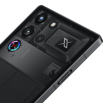REDMAGIC 10 Pro, black, angled back view close-up of camera module with RGB accents